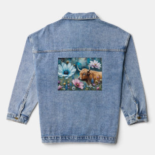 Schotse Koe Bloemrijke Kleurrijke Cosmos Wandtapij Denim Jacket