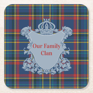 Schotse tartan plaid, naam en wapen vierkante kartonnen onderzetter