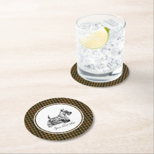Schotse Terrier en Tweed Patroon Personaliseer Ronde Kartonnen Onderzetter