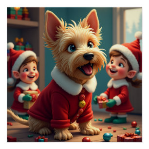 Schotse Terrier Helpt Kerstmannen Elfen met Kerstm Perfect Poster