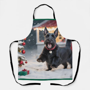 Schotse Terriër Hond Speelt Kerstsneeuw Schort