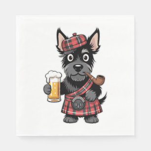 Schotse Terriër in Tartan Kilt met bier en pijp Servet