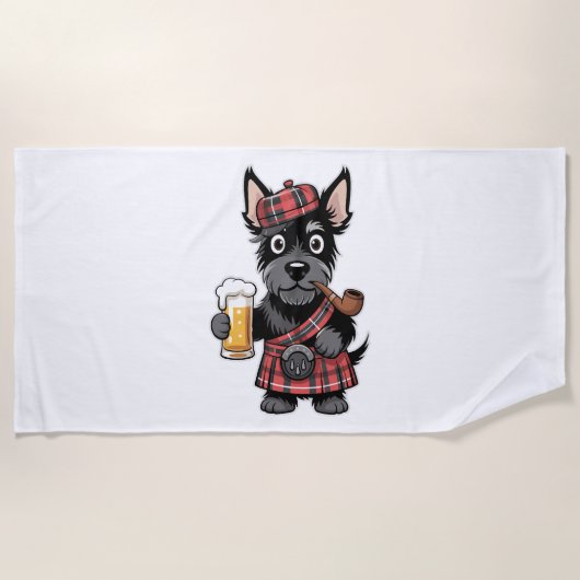 Schotse Terriër in Tartan Kilt met bier en pijp Strandlaken (Voorkant)