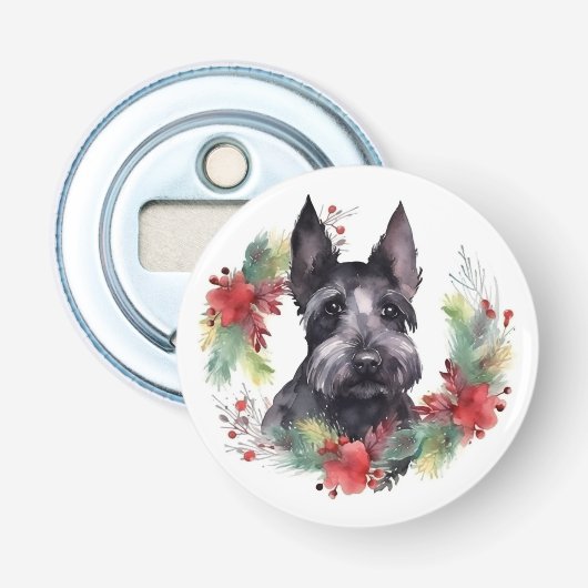 Schotse Terriër Kerstkrans Feestelijke Pup Button Flesopener (Voorkant)