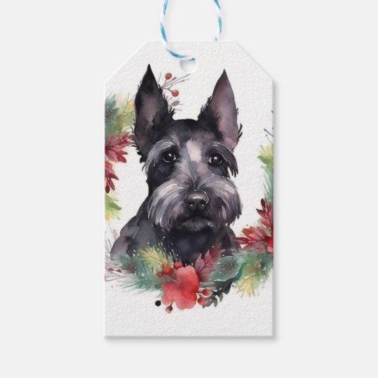 Schotse Terriër Kerstkrans Feestelijke Pup Cadeaulabel (Voorkant)