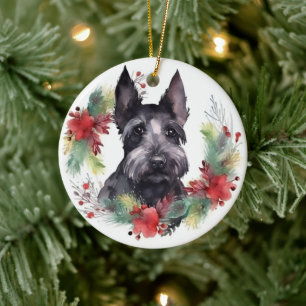 Schotse Terriër Kerstkrans Feestelijke Pup Keramisch Ornament