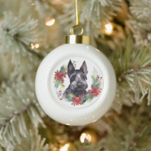 Schotse Terriër Kerstkrans Feestelijke Pup Keramische Bal Ornament