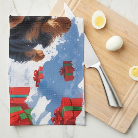 Schotse Terriër Loopt Sneeuw Met Kerst Pet Theedoek (Quarter Fold)