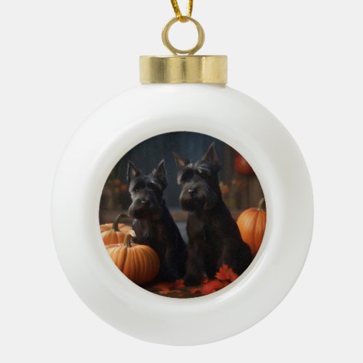 Schotse Terrier Puppy Herfst Delight Pompoen Keramische Bal Ornament (Voorkant)