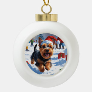 Schotse Terrier Rent Door Sneeuw met Kerstmuts Keramische Bal Ornament