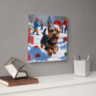 Schotse Terrier Rent door Sneeuw met Kerstmuts Vierkante Klok