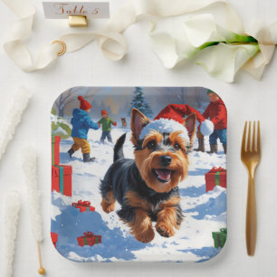 Schotse Terrier Rent Sneeuw met Kerstmuts Papieren Bordje