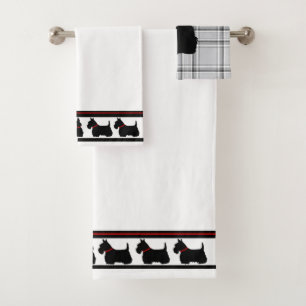 Schotse terriër/rode kraag/grijze plaid/rand bad handdoek