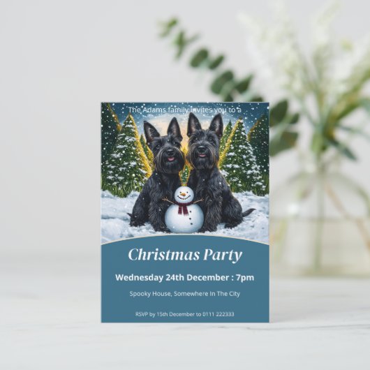 Schotse Terriërs en Sneeuwman Kerstfeest Uitnodiging Briefkaart (Staand voorkant)