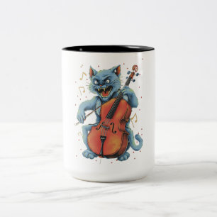 Schreeuwende kat muzikant spelen cello tweekleurige koffiemok