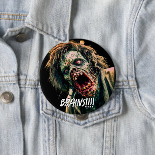 Schreeuwende zombie hersenen ronde button 4,0 cm