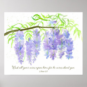 Schrift 1 Petrus 5:7 Bijbelvers Wisteria Bloemen Poster