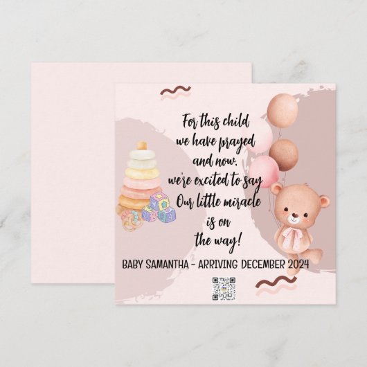 Schrift Baby Aankondiging Kaart Meisje Beer (Voorkant / Achterkant)