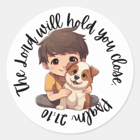 Schrift Sticker (Psalm 27:10 Boy Dog) (Voorkant)