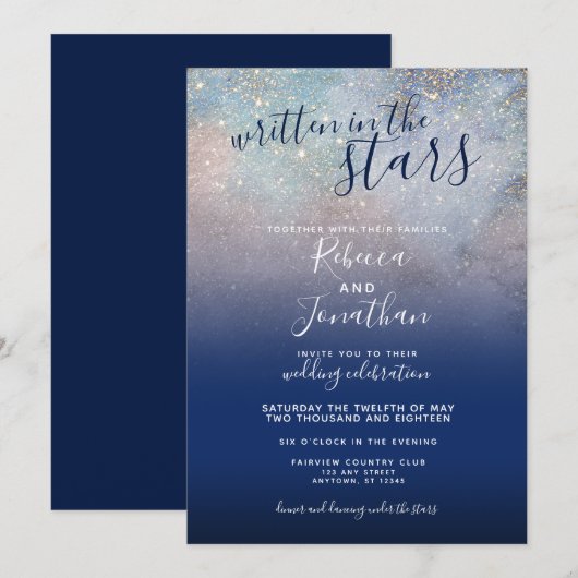 Schriftelijk in het Stars Navy Galaxy Wedding Kaart (Voorkant / Achterkant)