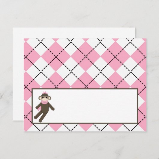 Schrijfbare Place Card Pink Argyle Sock Monkey Briefkaart (Voorkant / Achterkant)