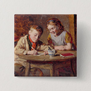 Schrijven van een Letter (olie op het paneel) Vierkante Button 5,1 Cm