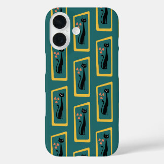 Schrödinger's Cat Mid Century Modern donkerblauw iPhone 16 Hoesje