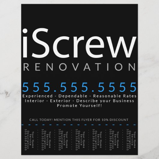 Schroef. Carpenter Contractor Builder Tearsheet Flyer (Voorkant)