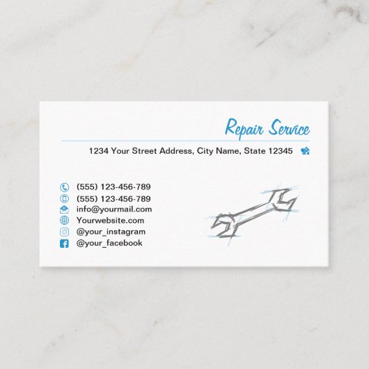 Schroefsleutel, met de hand getrokken. Reparatiese Visitekaartje (Voorkant)