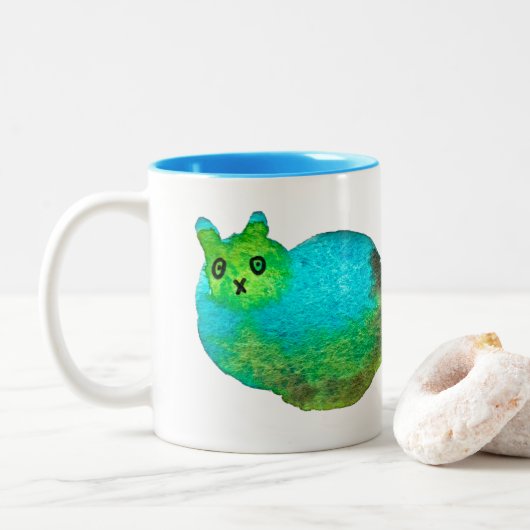 Schudblauw vet kattenkunst illustratie tweekleurige koffiemok (Met donut)