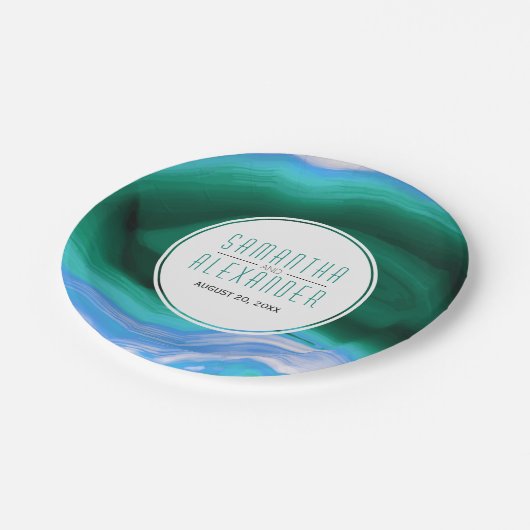 Schuif met groene en blauwe kieuw en lijst bruilof papieren bordje (Gekanteld)