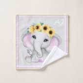Schuine baby olifant meisje met zonnebloemen roze bad handdoek (Wasdoekje)