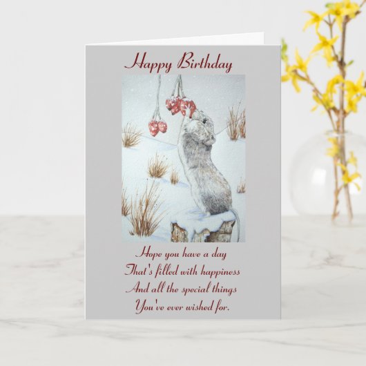 Schuine muis en rode bessen sneeuwen kaart (Gele Bloem)