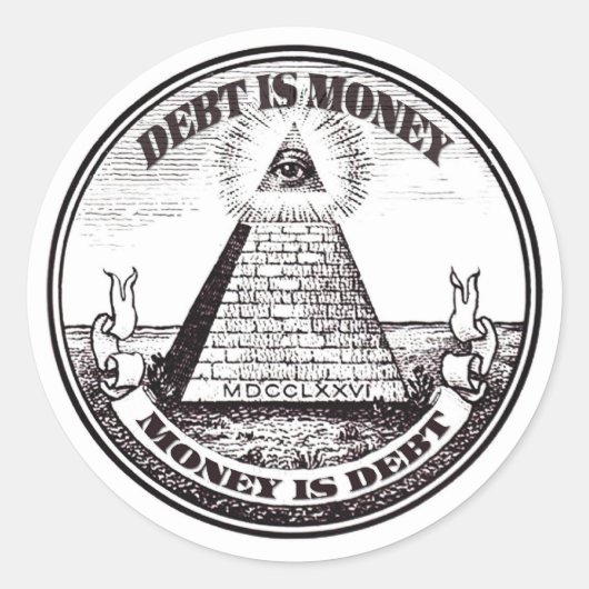 schuld is geld ronde sticker (Voorkant)