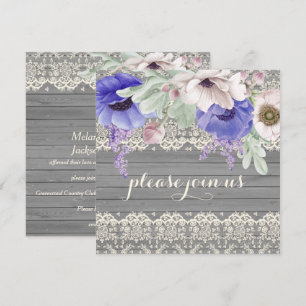 Schuur hout kantwerk aquarel blauw witte anemoon kaart