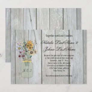 Schuur Hout Wildbloemen Mason Jar Ribbon Bruiloft Kaart