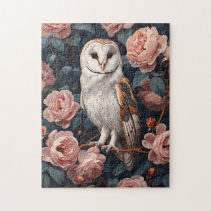 Schuur uil gelegen tussen roze rozen legpuzzel