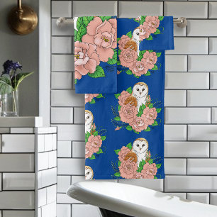 Schuur Uil Roze Bloemen Blauw Bad Handdoek