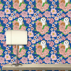 Schuur Uil Roze Bloemen Blauw Behang