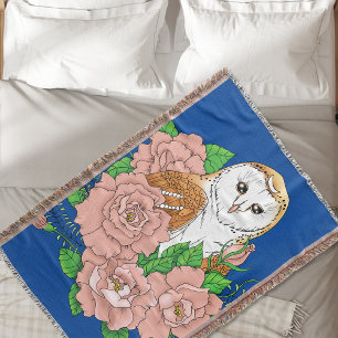 Schuur Uil Roze Bloemen Blauw Deken