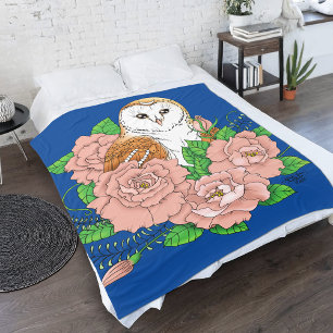 Schuur Uil Roze Bloemen Blauw Fleece Deken