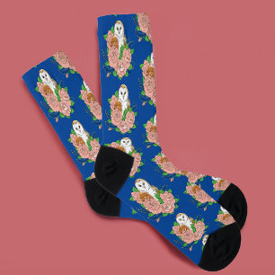Schuur Uil Roze Bloemen Blauw Sokken
