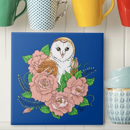 Schuur Uil Roze Bloemen Blauw Tegeltje