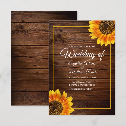 Schuurhout + Rustieke Zonnebloem Bruiloft Kaart (Voorkant / Achterkant)