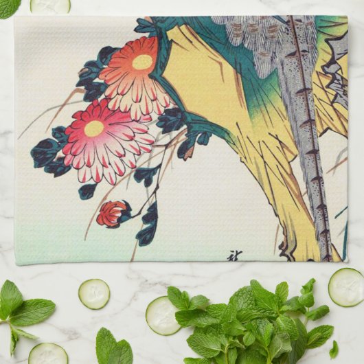 Schuurmiddel en chrysanthemum, Hiroshige, Ukiyo-e Theedoek (Gevouwen)