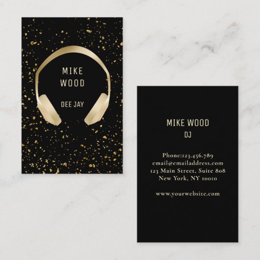 Schwarz Gold Spritzer Kopfhörer  DJ Visitenkarte Visitekaartje (Voorkant / Achterkant)