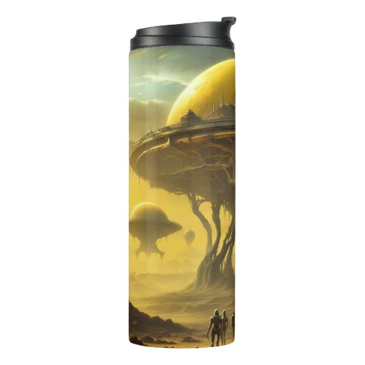 Sci-Fi Alien World Uitzicht Planet Ufo Tower Thermosbeker (Gedraaid links)