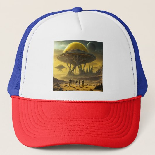 Sci-Fi Alien World Uitzicht Planet Ufo Tower Trucker Pet (Voorkant)