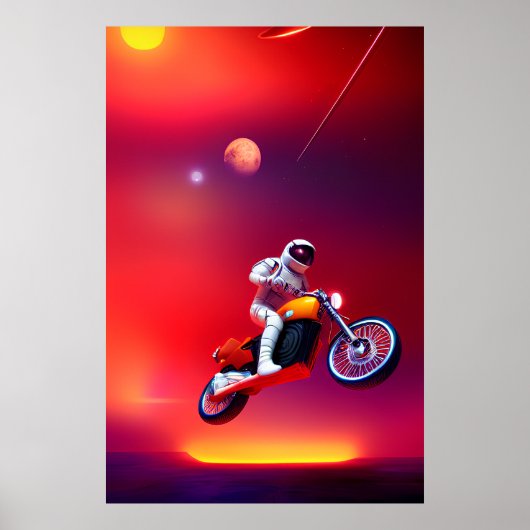 Sci-Fi Astronaut Motorcycle Jump Retro Poster (Voorkant)