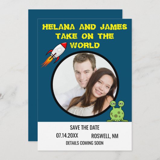 Sci Fi Rocket Ship Save the Date (Voorkant / Achterkant)